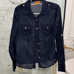 Tory Burch Navy Sheer Button-Up Blouse